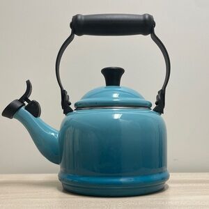 Le Creuset Turquoise Tea Kettle with Black Handle